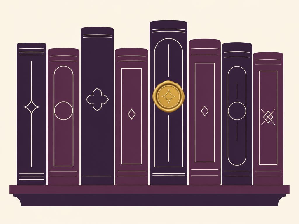 A shelf of portrait book spines with one bearing a gold seal