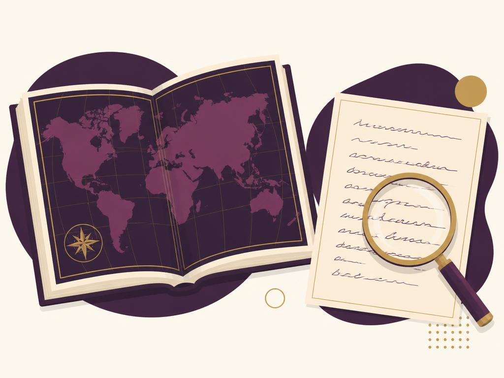 An open atlas beside a handwriting sample under a magnifying glass